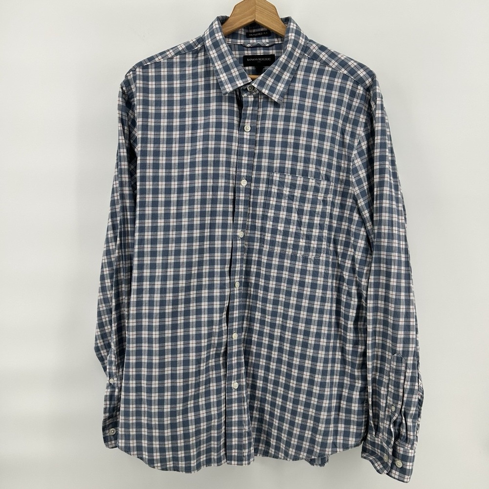 Banana Republic Shirt‎ XL Untucked Fit Blue Plaid Button Up Preppy Casual